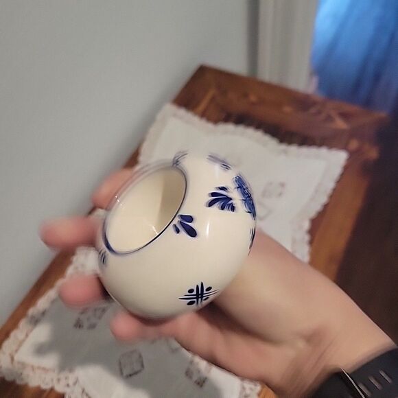 Pair Vtg Dutch Delft Blue Floral Tealight Candle Holders Holland Heart & Round - Picture 15 of 16